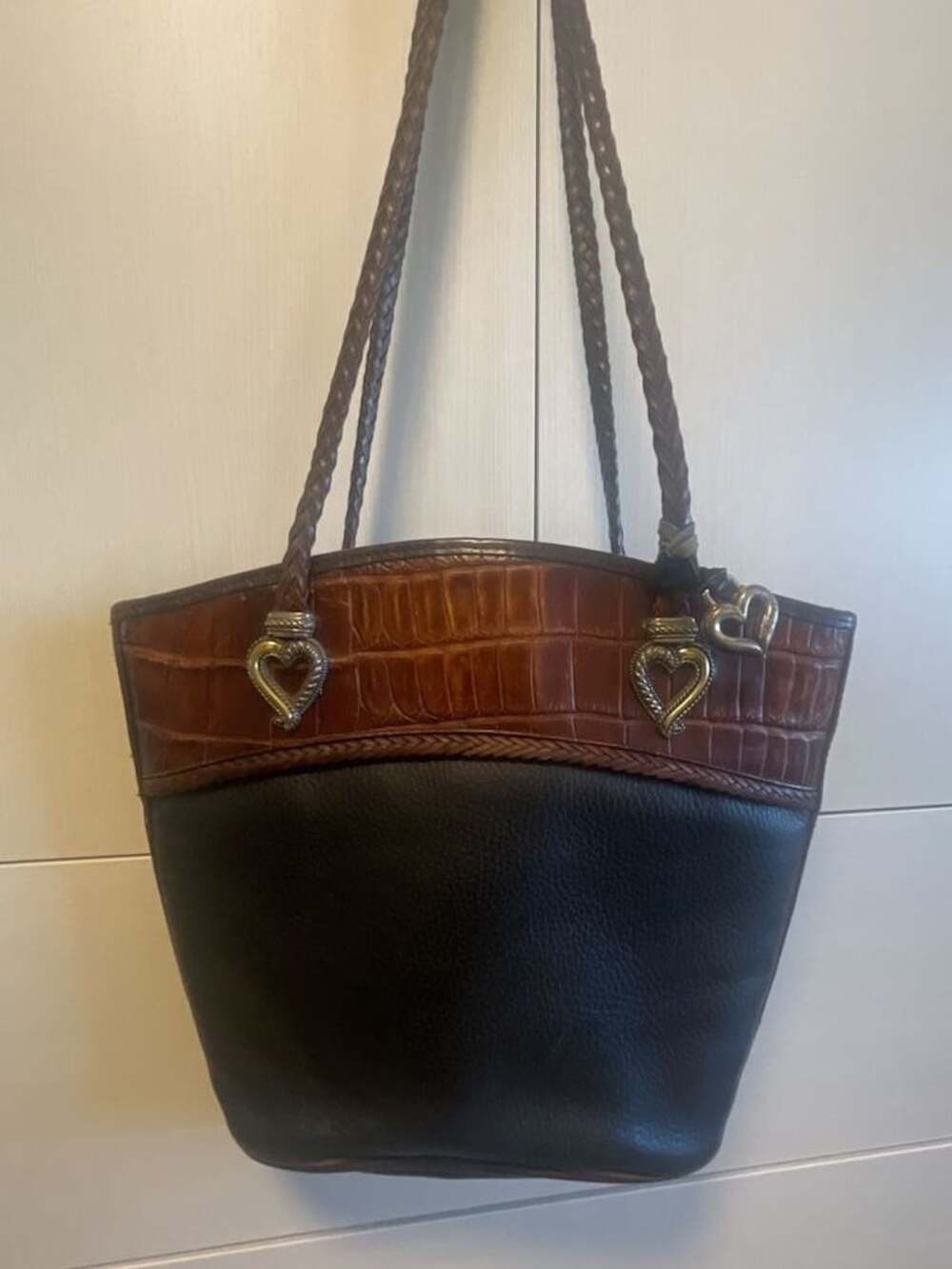 Brighton Leather Shoulder Bag Black Brown Croco Embossed Heart